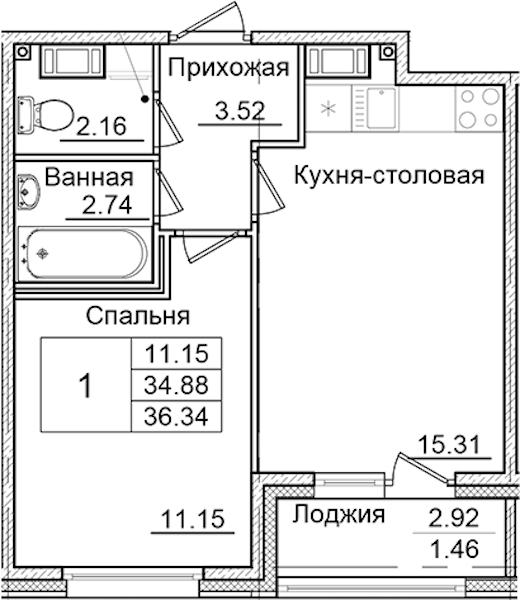 1-комнатная квартира 36.34 м², 3/9 эт., ЖК «Квартал Заречье»